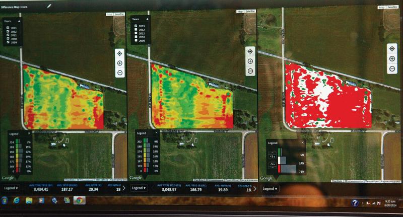 L’analyse des causes des disparités de rendement dans une parcelle requiert la comparaison  des résultats de plusieurs années, ce que permet de réaliser le portail MyJohnDeere.com.