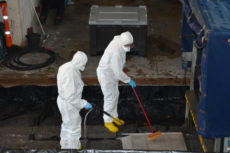 Après le déchargement du container contenant la carcasse, le véhicule de la protection civile est minutieusement désinfecté afin d’éviter tout risque de propagation du virus.