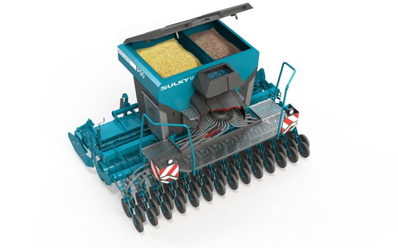 Le semoir Progress P50 (Sulky) intègre trois trémies indépendantes pilotées depuis une interface unique.