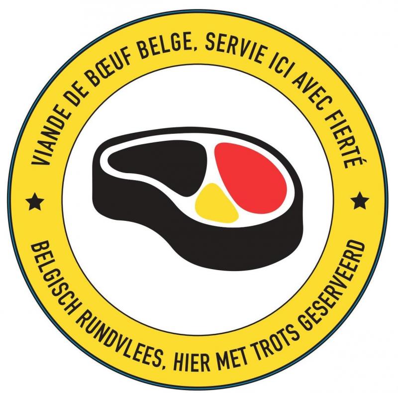 Le logo, facilement identifiable, porte un message clair
: «
Viande de bœuf belge, servie ici avec fierté
».