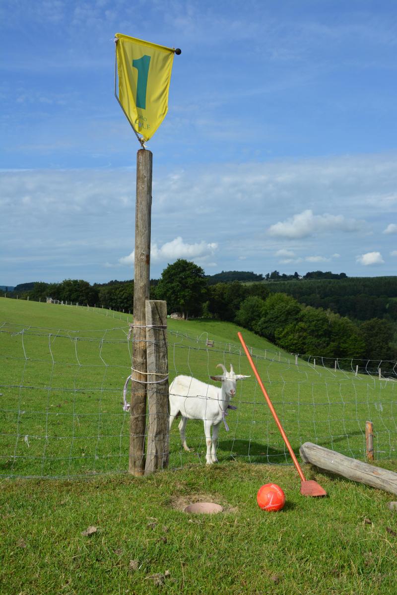 Le golf champêtre se pratique avec un club en bois assez rustique et une balle d’une douzaine de centimètres de diamètre. Reste à viser les trous
!