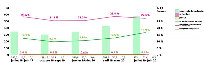 Fig. 2. Évolution du nombre de kilos de fluoroquinolones utilisés en volaille, veaux de boucherie et porcs et du pourcentage d’exploitations de ces espèces animales qui en ont utilisé au moins une fois.