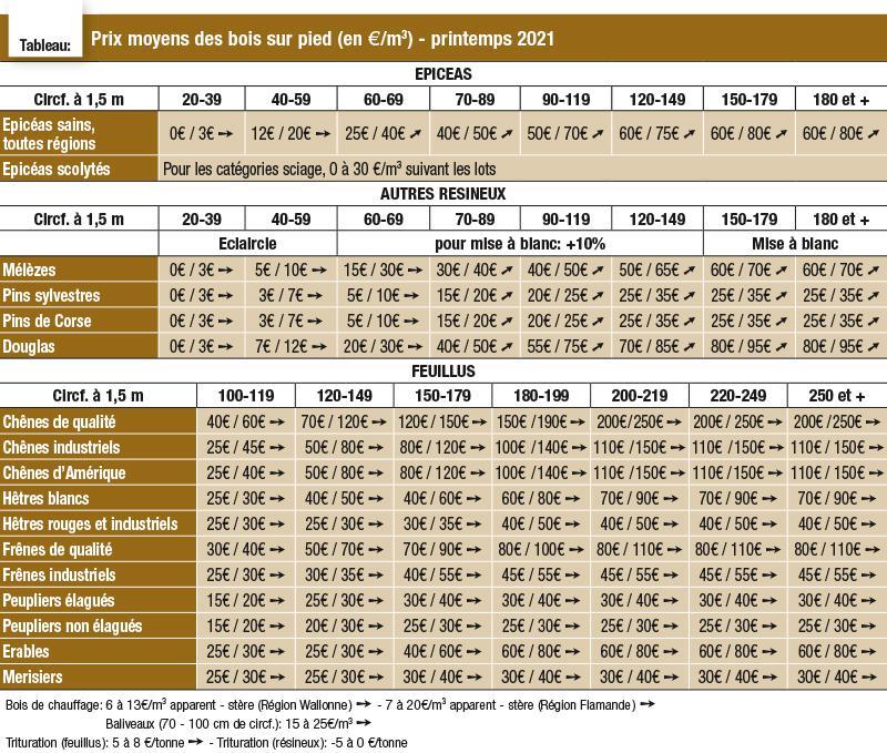 Prix moyens des bois sur pied pour le printemps 2021 SillonBelge.be