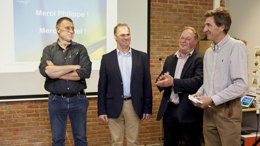 De gauche à droite: Pierre Ledoux, président d’Inovéo et vice président de l’awé groupe; Dominique Lecas, président de l'awé groupe et d’Elevéo; MichelChevalier, ancien vice-président de l’awé et PhilippeVan Eyck, ancien président de l’awé.