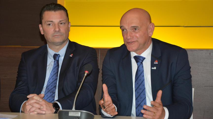 Johan Colpaert (à droite), président de Fedagrim, accompagné de Stefaan Forret, président d’Agribex