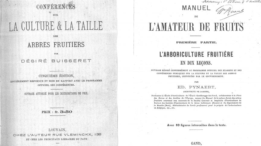 Deux exemples d’ouvrages anciens : « La culture et la taille des arbres fruitiers », par Désiré Buisseret (à gauche) et « Manuel de l’amateur de fruits », par Eduard Pynaert.